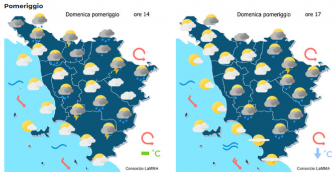 La mappa delle previsioni meteo per il pomeriggio del 14 Maggio (Fonte: Consorzio Lamma)