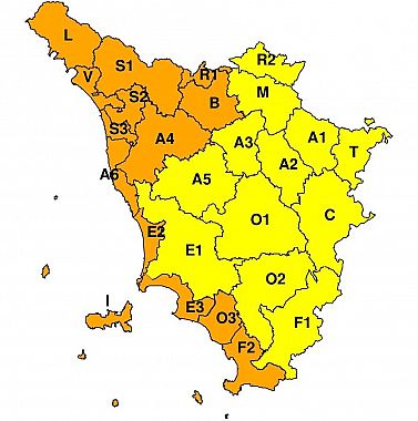 La mappa dell'allerta della Regione Toscana