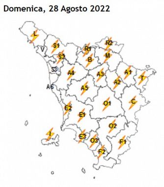 La mappa dell'allerta meteo della Regione Toscana